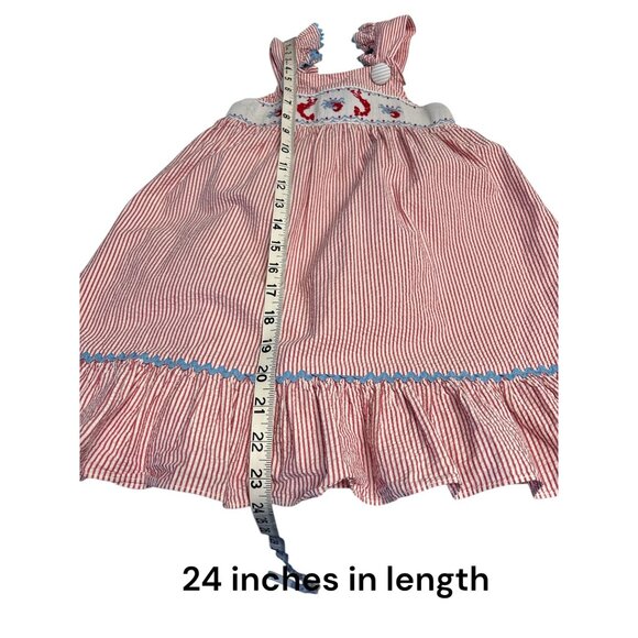 Shrimp & Grits Kids Red Striped Cotton Smocked Lobster Dress With Ruffle Straps - Picture 7 of 7